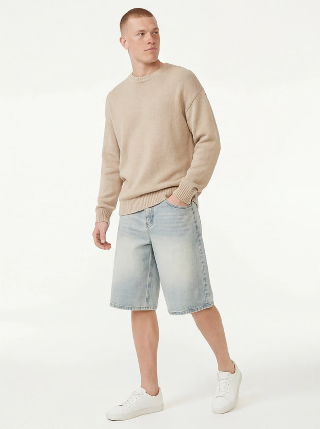 Model wearing S denim shorts end pants by Grozavu