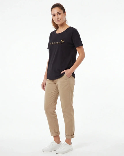 Front view of the Maison Grozavu Refined Sable Tee in tee — showing the effortless drape.