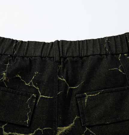 Back view of Lightning Cargo Wide Leg Denim Pants showcasing the elastic waistband and unique lightning pattern.