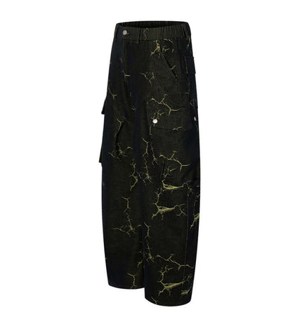 Lightning Cargo Wide Leg Denim Pants showcasing a bold lightning pattern in a stylish unisex design.