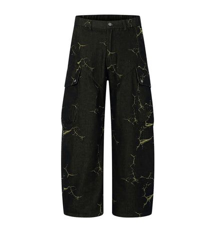 Lightning Cargo Wide Leg Denim Pants featuring a bold vintage lightning pattern and a loose fit, ideal for street fashion.