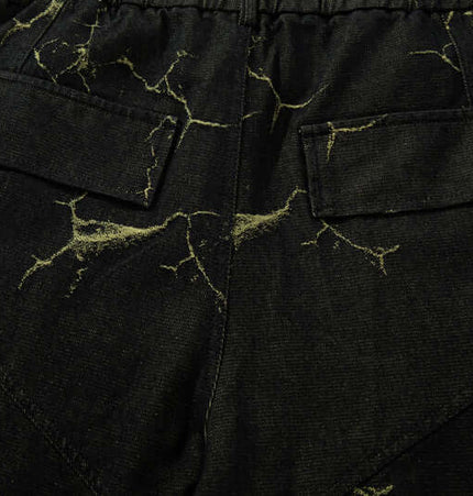 Lightning Cargo Wide Leg Denim Pants back view featuring a lightning pattern and functional pockets.
