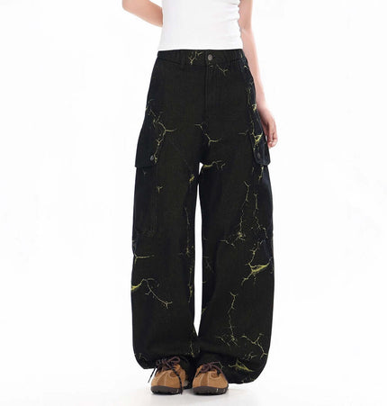 Lightning Cargo Wide Leg Denim Pants featuring a unique lightning pattern and wide-leg silhouette for street fashion.