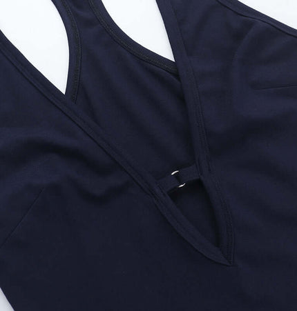 VNeck Backless Halter Vest – Slim Fit close-up showing the V-neck and back design in navy blue.
