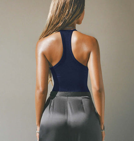 VNeck Backless Halter Vest – Slim Fit showing a stylish back design on a model.