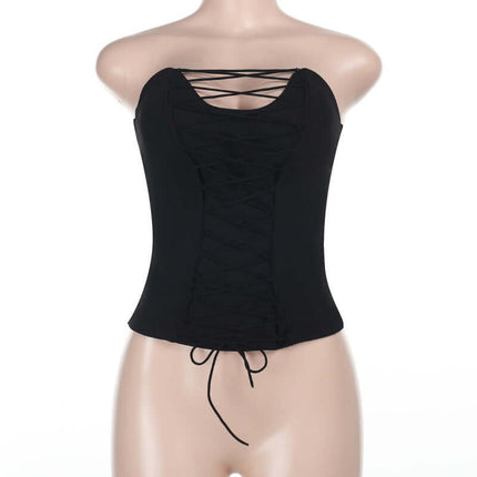 VNeck Cross Hollow Strapless Top – Slim Fit on a mannequin, showcasing its stylish design and slim fit.