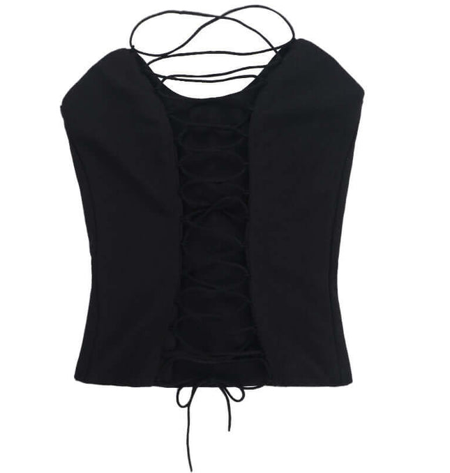 VNeck Cross Hollow Strapless Top – Slim Fit in black, featuring a stylish cross hollow strap design.