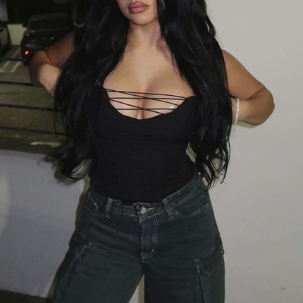 VNeck Cross Hollow Strapless Top – Slim Fit worn by a model showcasing its stylish design and flattering silhouette.