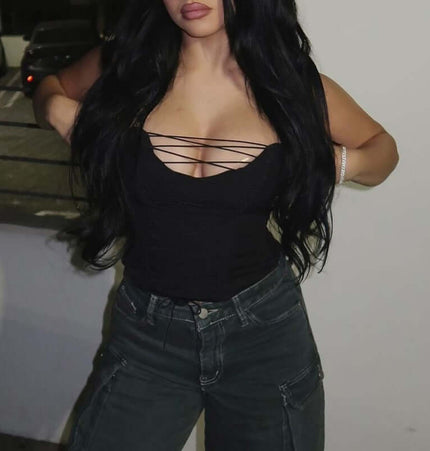 VNeck Cross Hollow Strapless Top – Slim Fit worn by a model showcasing its stylish design and flattering silhouette.