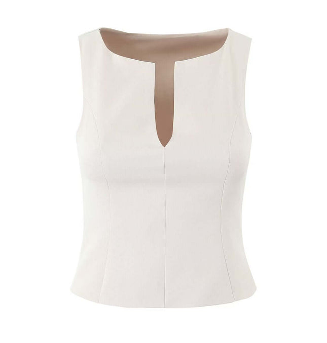 VNeck Sleeveless Crop Top - Slim Fit in white, stylish and fitted for confident women's outfits.