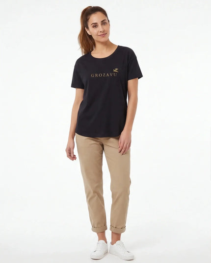 Front view of the Maison Grozavu Refined Sable Tee in tee — showing the sophisticated hardware.