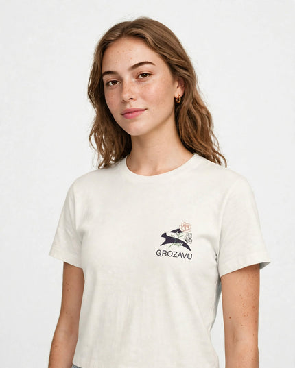 Waist-up portrait in the Natural straight-cut cotton tee
