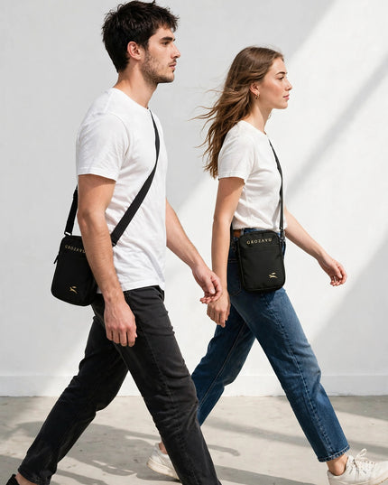 Pocket crossbody worn while walking, showing the adjustable strap