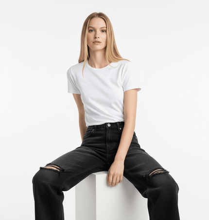 Model wearing Washed Distressed Straight Jeans – Loose Fit with white t-shirt, showcasing Korean streetwear style.