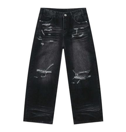 Washed Distressed Straight Jeans – Loose Fit featuring a vintage washed and distressed finish and wide-leg silhouette.