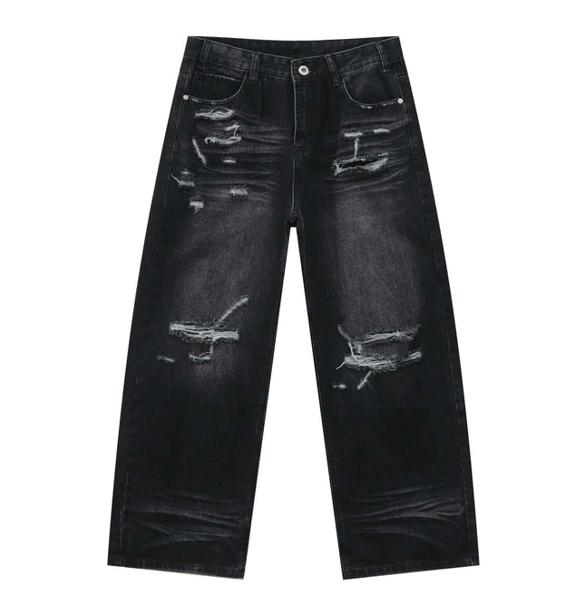 Washed Distressed Straight Jeans – Loose Fit featuring a vintage washed and distressed finish and wide-leg silhouette.