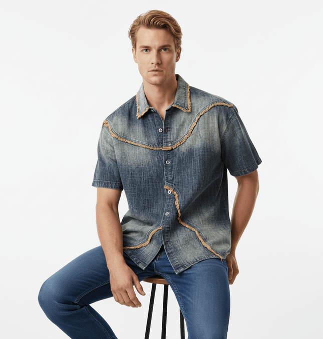 Washed Gradient Denim Shirt - Loose Fit modeled by a man, featuring a stylish design and relaxed fit.