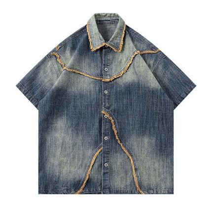 Washed Gradient Denim Shirt - Loose Fit featuring a unique color-block design and classic flip collar.