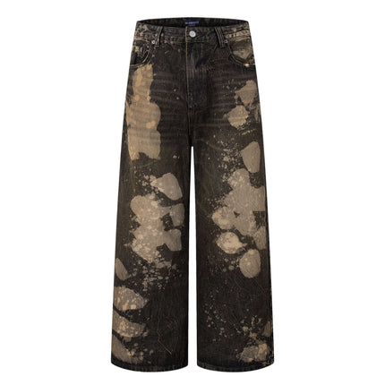 Washed Retro Loose Fit Denim Pants with unique splatter design for street-style fashion.