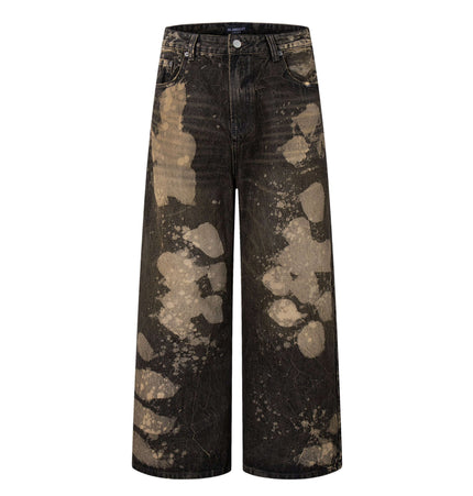 Washed Retro Loose Fit Denim Pants with unique splatter design for street-style fashion.