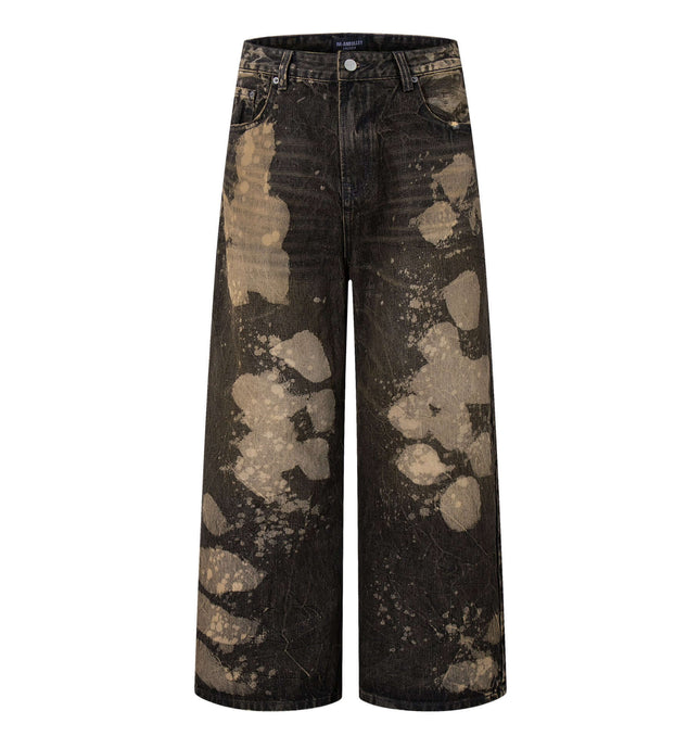 Washed Retro Loose Fit Denim Pants with unique splatter design for street-style fashion.