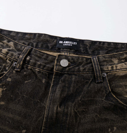 Washed Retro Loose Fit Denim Pants close-up showing waistband and button detail.