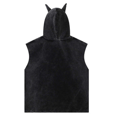Back view of Washed Sleeveless Hooded Tank Top with unique hood and no sleeves, perfect for summer street style.