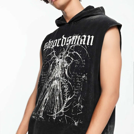 Washed Sleeveless Hooded Tank Top featuring a bold graphic print and a relaxed fit.