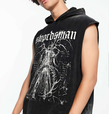 Washed Sleeveless Hooded Tank Top featuring a bold graphic print and a relaxed fit.