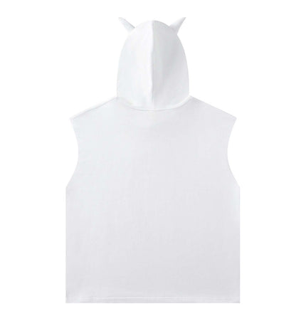 Washed Sleeveless Hooded Tank Top back view featuring a unique hood design in pure white fabric.