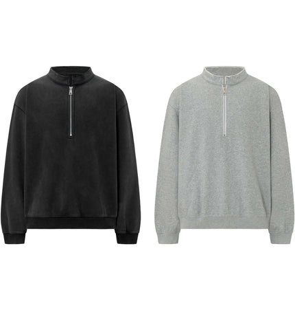 Washed Stand Collar Zipper Hoodie in black and gray showcasing modern urban fashion.