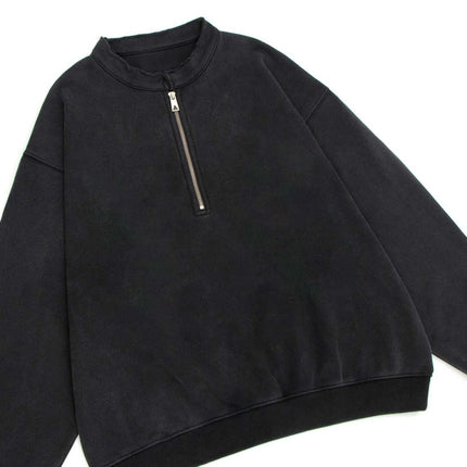 Washed Stand Collar Zipper Hoodie in washed black with stand-up collar and zipper detail, showcasing a modern street style.