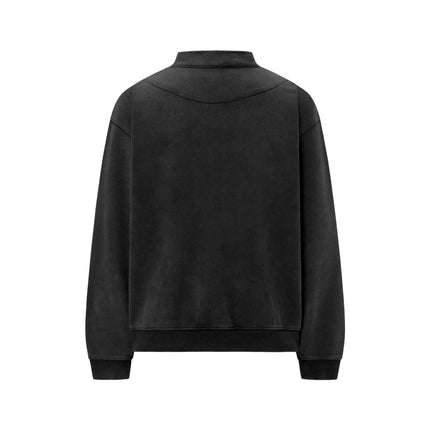 Back view of Washed Stand Collar Zipper Hoodie in washed black with stand-up collar and deconstructed design.