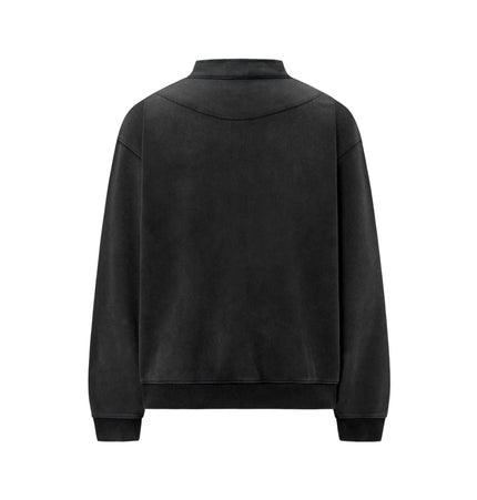 Back view of Washed Stand Collar Zipper Hoodie in washed black with stand-up collar and deconstructed design.