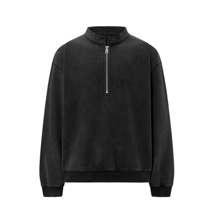 Washed Stand Collar Zipper Hoodie in washed black with a high neck collar and unique zipper design.