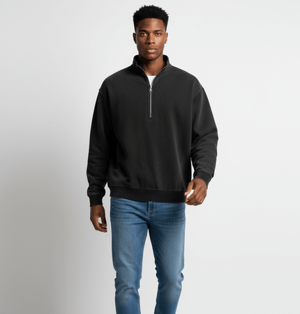 Washed Stand Collar Zipper Hoodie in black, featuring a stand-up collar and zipper design for modern urban style.