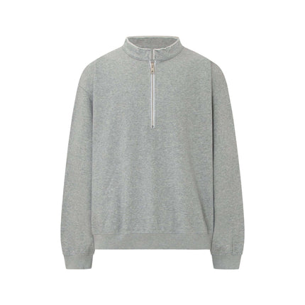 Washed Stand Collar Zipper Hoodie in light gray with a stand-up collar and quarter zipper detail.