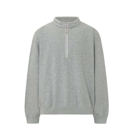 Washed Stand Collar Zipper Hoodie in light gray with a stand-up collar and quarter zipper detail.
