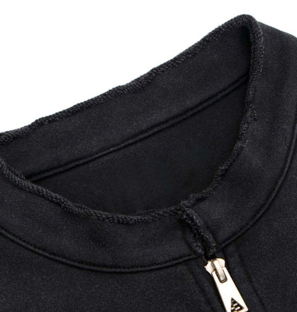 Washed Stand Collar Zipper Hoodie close-up of collar and zipper detail, showcasing its vintage street style.
