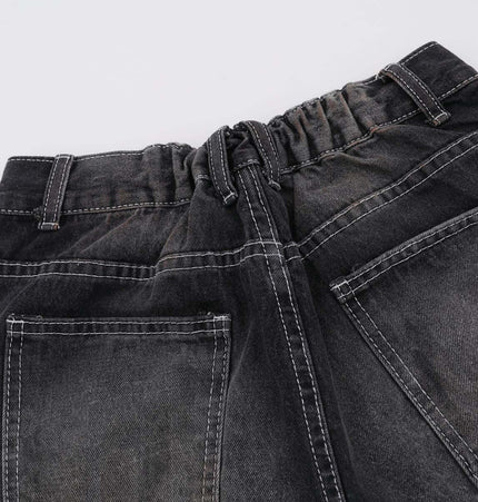 Washed Straight Black Jeans – Loose Fit back view showing elastic waistband and pockets.