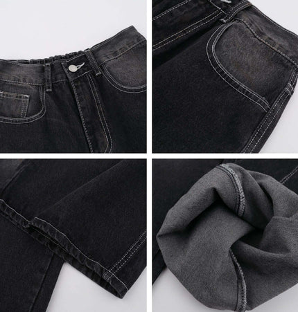 Grozavu Washed Straight Black Jeans – Loose Fit details including waistband, leg cut, and fabric texture.