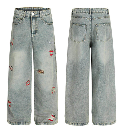 Washed Straight Cropped Jeans with embroidered patchwork details in light blue denim.