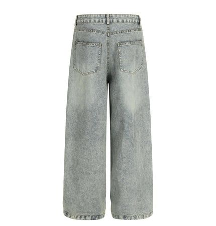 Back view of Washed Straight Cropped Jeans with a light blue wash and modern design details.