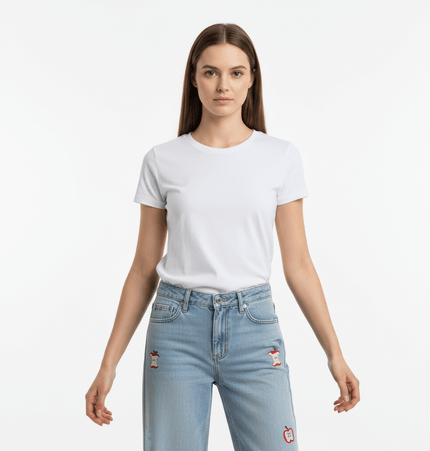 Model wearing Washed Straight Cropped Jeans with a white t-shirt, showcasing a casual street style.