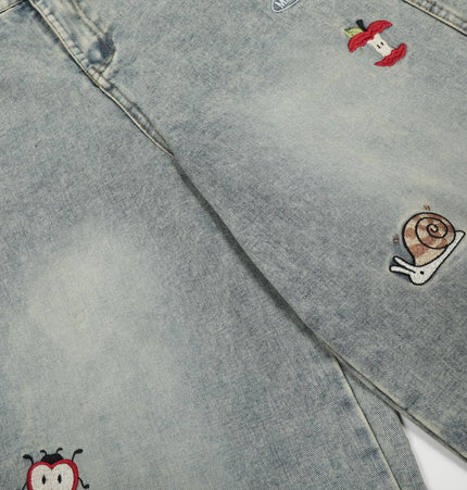 Washed Straight Cropped Jeans with patchwork details and light blue finish