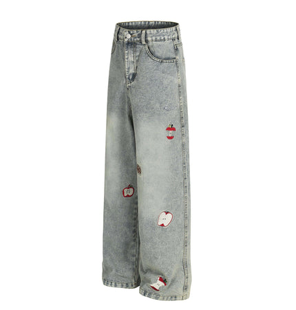 Washed Straight Cropped Jeans featuring patchwork details and a light blue washed finish for a trendy street look.