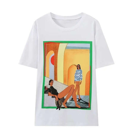 White Polo Neck Cotton TShirt – Slim Fit featuring stylish graphic design and relaxed summer vibe.