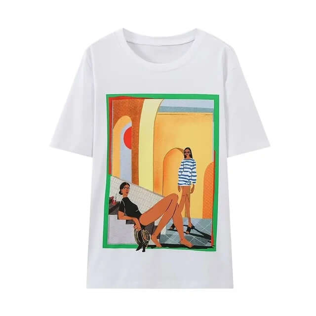 White Polo Neck Cotton TShirt – Slim Fit featuring stylish graphic design and relaxed summer vibe.