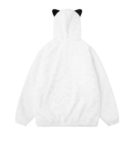 Sherpa Cotton Winter Jacket - Loose Fit - Cozy white hooded jacket with black cat ears from the back.