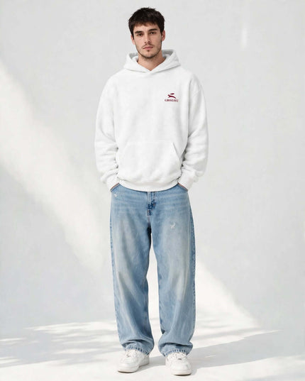 White mill-dyed oversized hoodie in 340 g/m² brushed fleece, front view